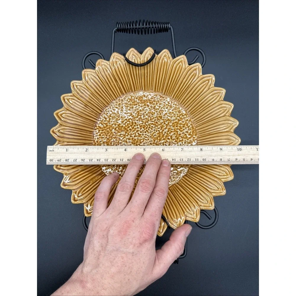 Sunflower Shaped Serving Plate Bowl Stoneware Attached Metal Trivet Stand Pier 1